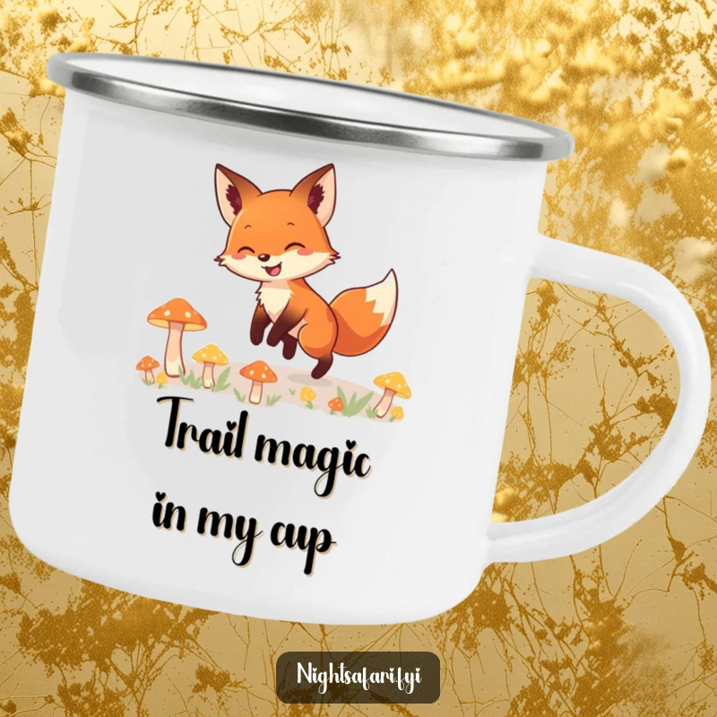 Funny camping mug with a smiling fox tiptoeing through a mystical scene of glowing mushrooms, ideal for forest adventures.