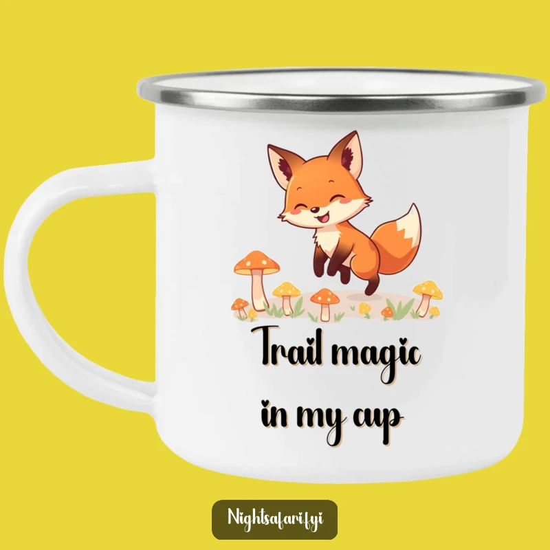 Funny Fox Camping Mug: Smiling Trail Through Glowing Mushrooms, Adventure Drinkware