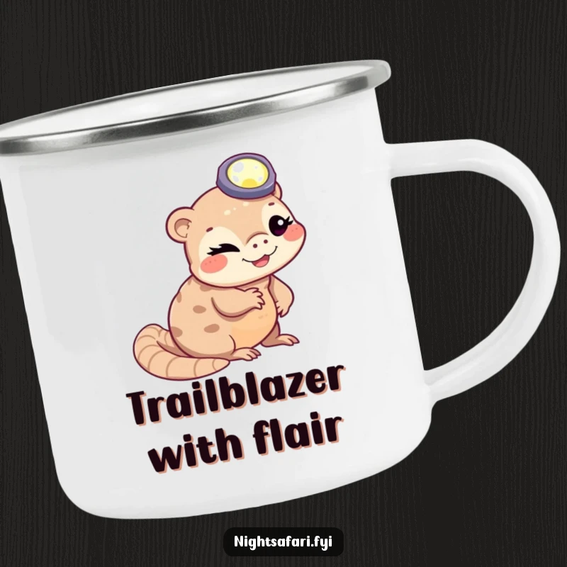 Funny winking pangolin wearing a headlamp slithering, on a rugged camping mug for outdoor humor lovers.