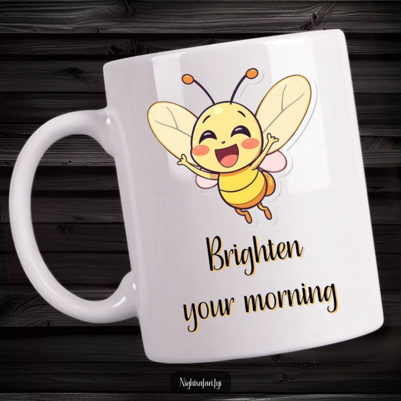 Funny Firefly Mug: An excited firefly character, glowing brightly with joy, radiating happiness and a warm, inviting light.