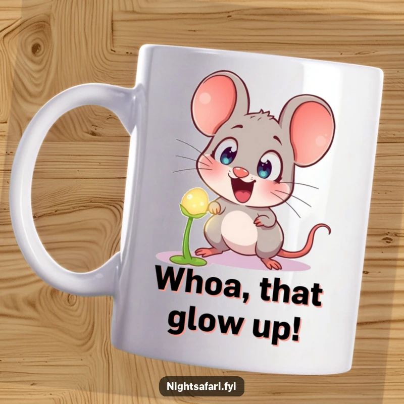 Funny Mug: Astonished mouse with wide eyes peeking at a vibrant, glowing plant, conveying pure, humorous surprise.