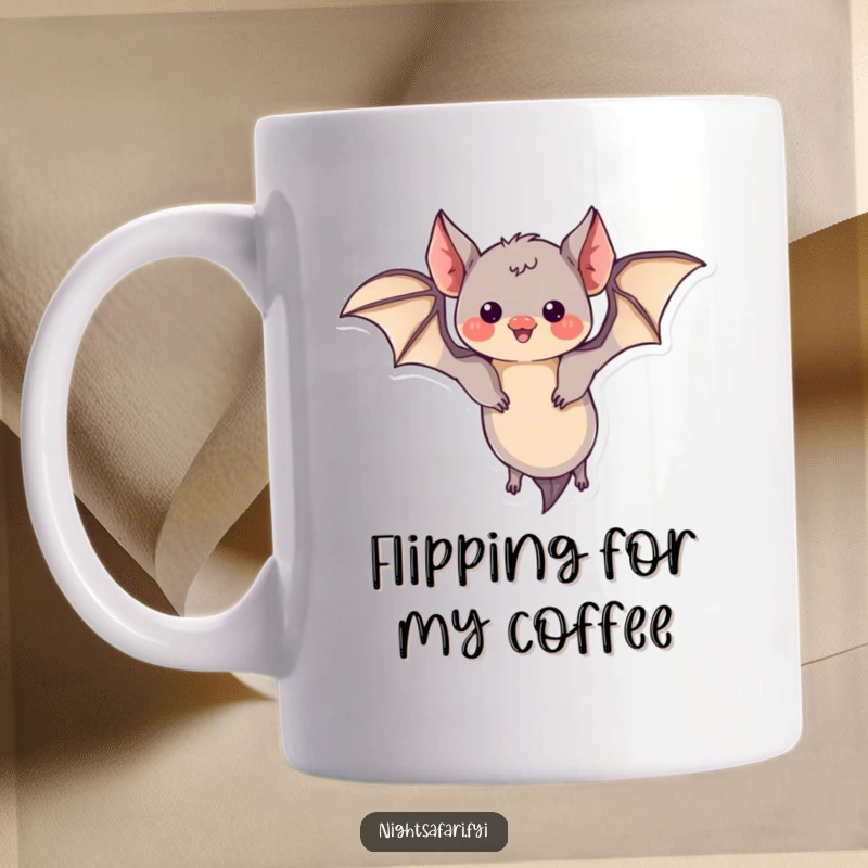 Funny bat mug featuring a curious creature with tiny wings doing a playful loop-the-loop in the air.