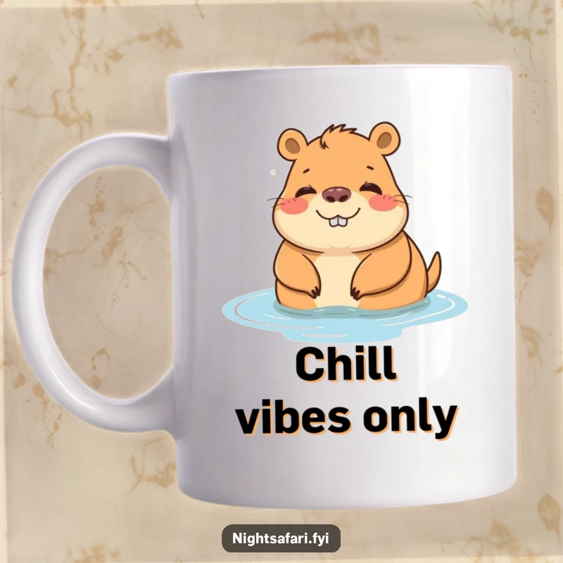 Funny mug showcasing a cheerful capybara character blissfully relaxing by the water, embodying pure chill.