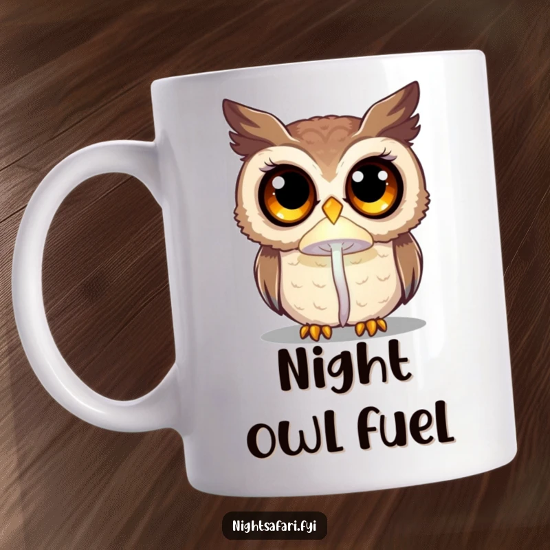 Funny curious owl with oversized eyes, illuminated by a glowing mushroom, a magical design for a mug.