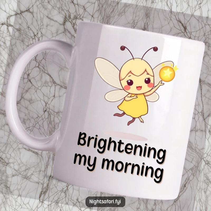 Funny Firefly Mug: Playful firefly character dancing with a glowing orb, enchanting and whimsical design.