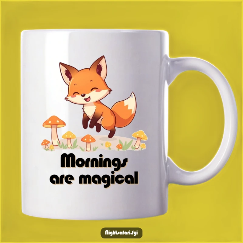 Funny Fox Mug: Bright Smile Tiptoeing, Magical Glowing Mushrooms, Gift Idea