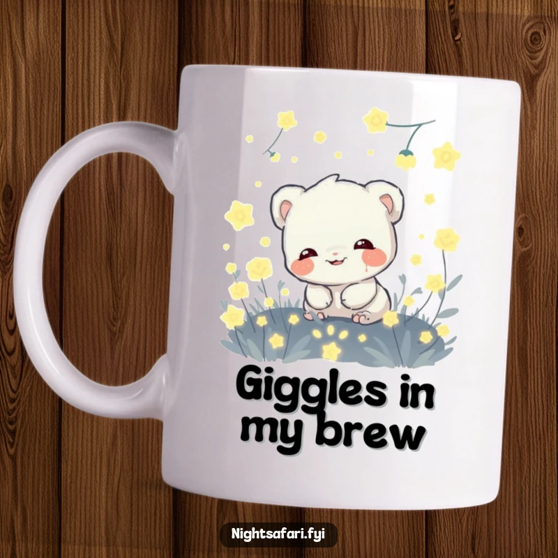 Funny mug showing a giggling shy creature hiding amongst magical glowing fireflies, evoking warmth and shyness.