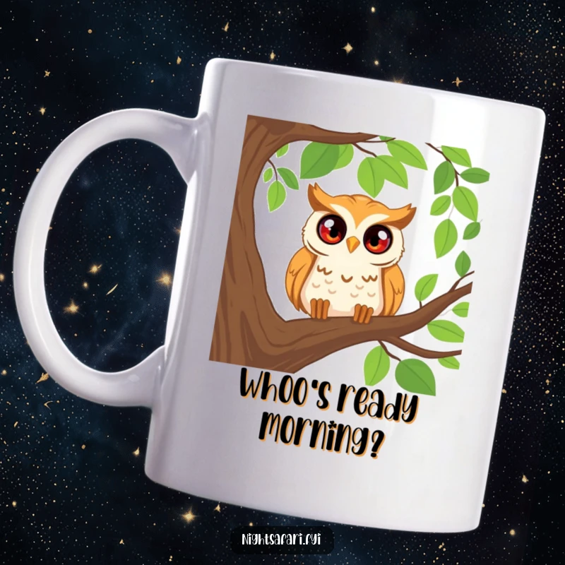 Funny mug featuring a happy owl with wide, curious eyes peering from a tree branch, exuding warmth and wonder.