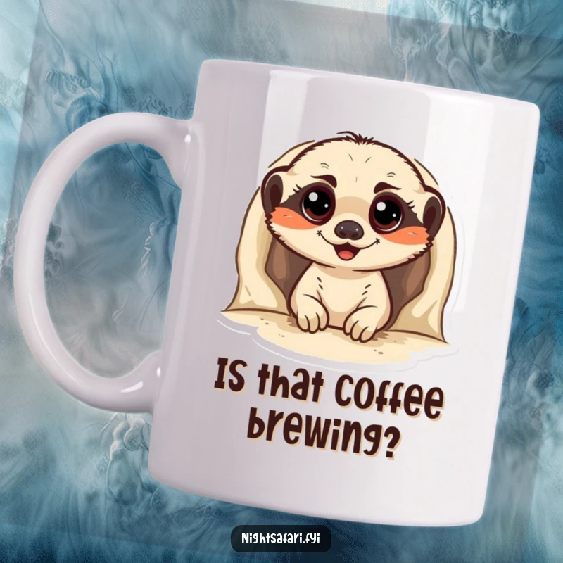 Funny Meerkat Mug featuring a cheerful meerkat peeking from its burrow with wide, curious eyes, embodying surprise and delight.
