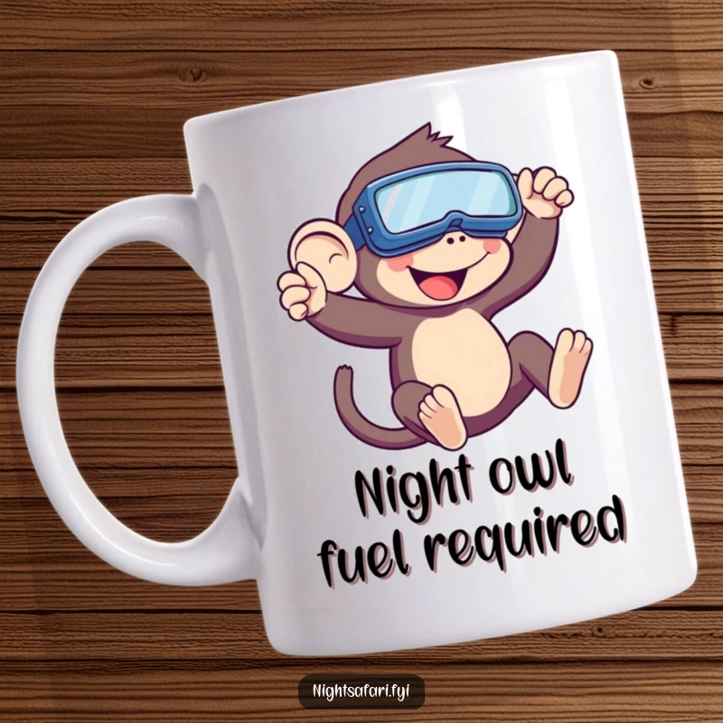 Funny Monkey Mug showing a playful monkey wearing night vision goggles, happily swinging through the jungle, ready for a midnight snack.
