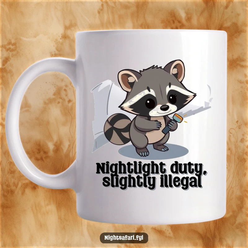 Funny Raccoon Mug: A curious raccoon shines a flashlight on a dark path, discovering nighttime wonders with a sense of humor.