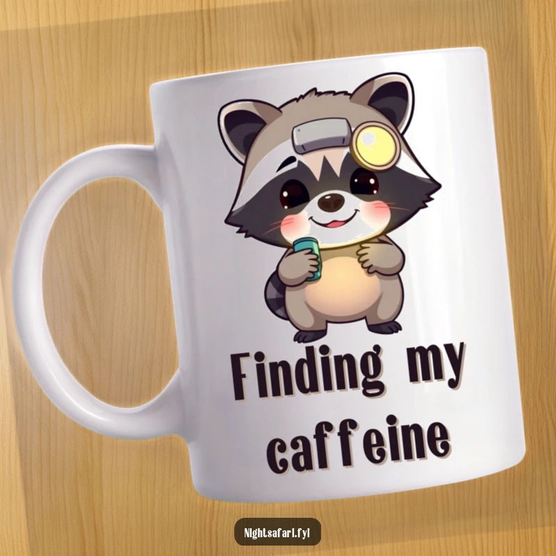Funny cheerful raccoon wearing a headlamp rummaging through items, perfect for a humorous mug for lovers of raccoons.