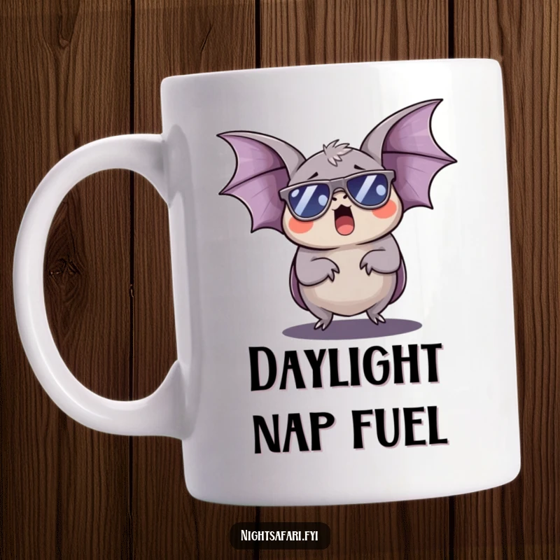 Funny Bat Mug: A sleepy bat wearing tiny sunglasses yawns wide during the day, embracing its nocturnal chill.