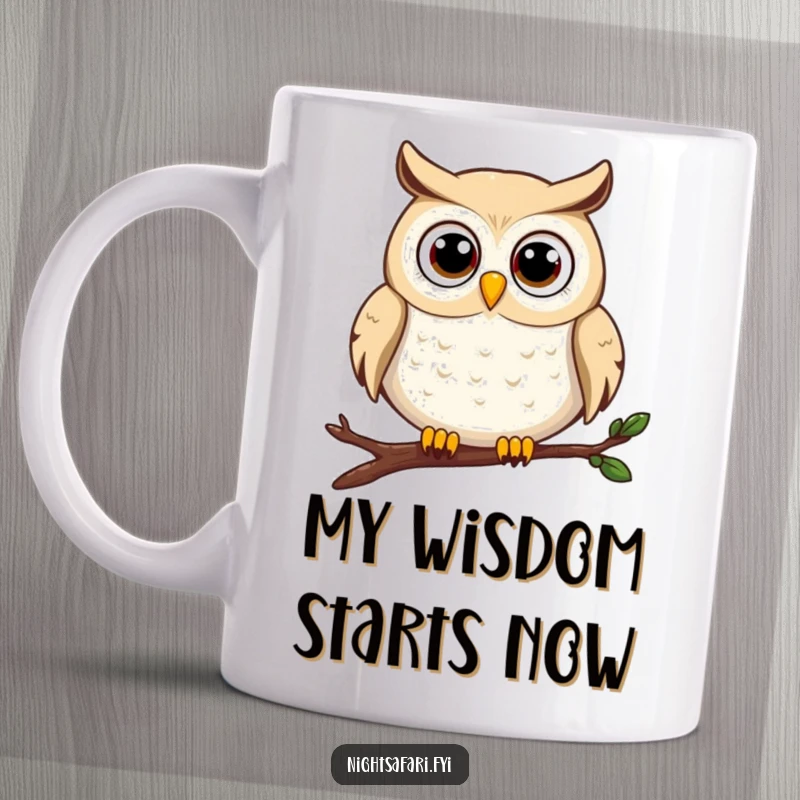 Funny owl mug featuring a happy, wide-eyed owl character perched on a tree branch, looking curious and cheerful.