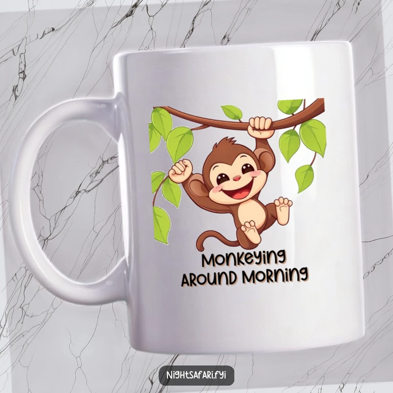 Funny Monkey Mug: Delighted monkey swinging from a vine with a wide smile, jungle fun design.