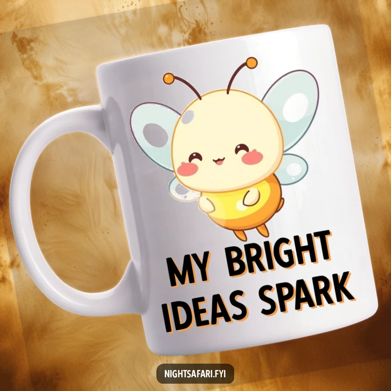 Funny firefly mug featuring a cheerful firefly character emitting a soft, warm, inviting glow.