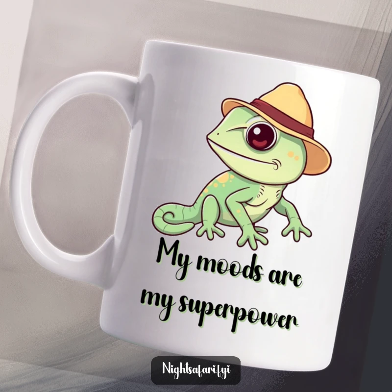 Funny Chameleon Mug: A cheerful chameleon in a safari hat changing colors, perfect for a fun gift.