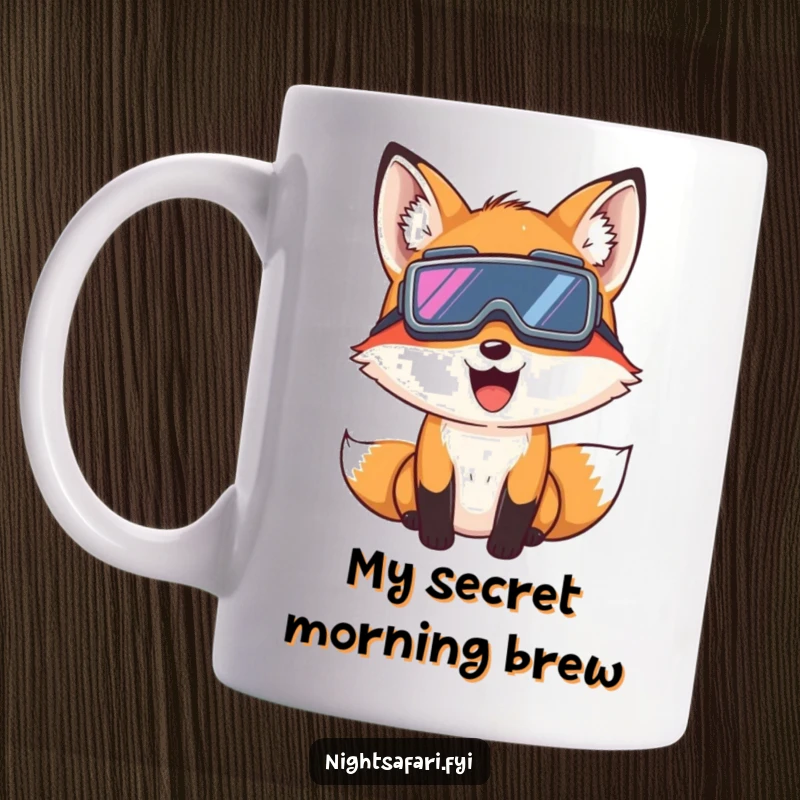 Funny Fox Night Vision Mug: A giggling fox wearing night vision goggles peeks mysteriously, full of playful mischief, a perfect funny gift.