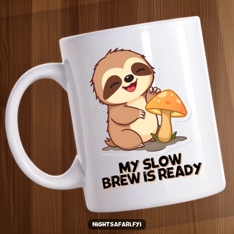 Funny sloth mug featuring a delighted sloth character slowly reaching for a magical glowing mushroom.