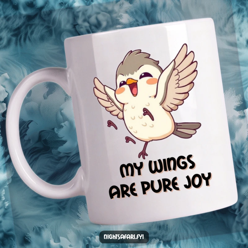 Funny mug featuring a giggling nightjar character joyfully taking flight with pure delight, perfect for bird watchers.