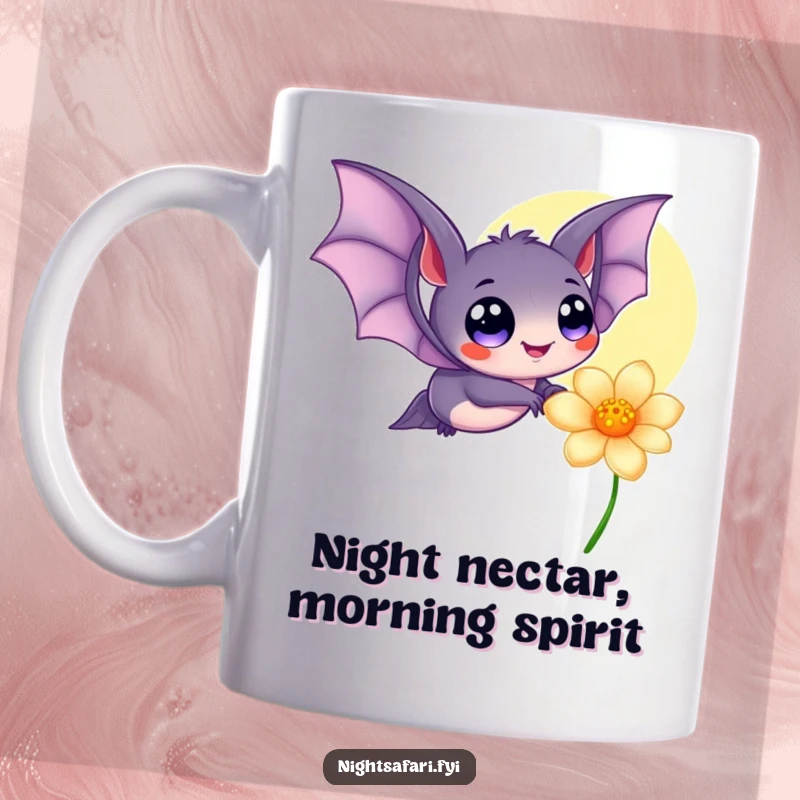 Funny mug featuring a delightful bat with big, joyful eyes, fluttering playfully near a radiant, glowing flower, bringing whimsical charm.