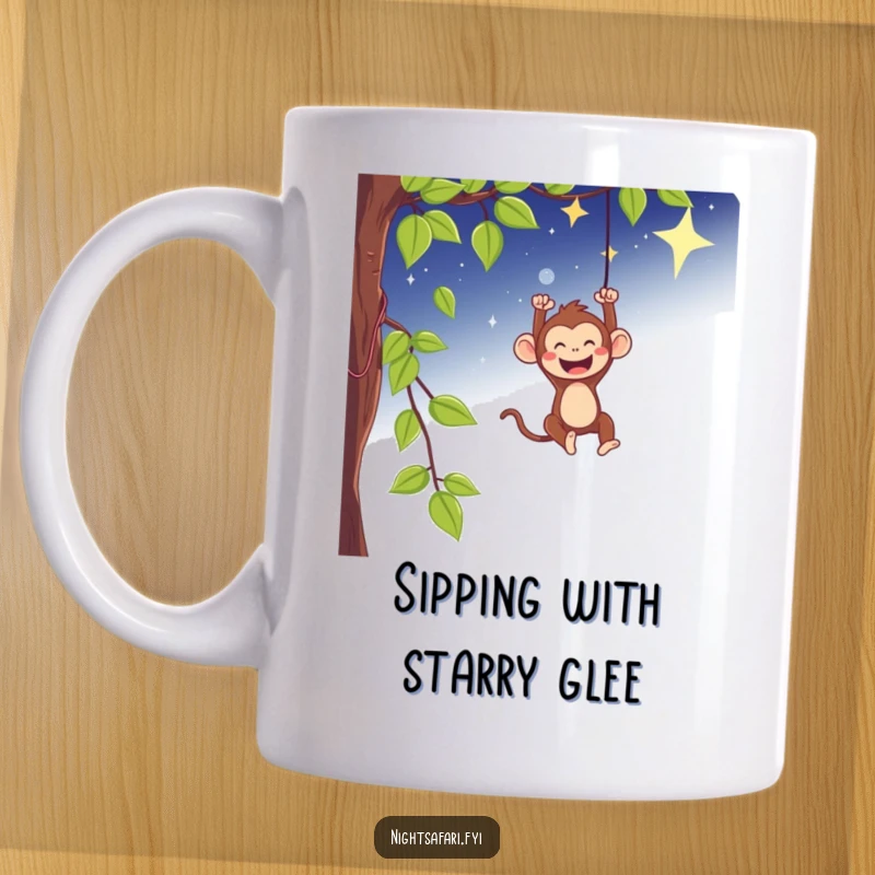 Funny monkey mug gleefully swinging from a vine under a starry sky, a joyful adventure.