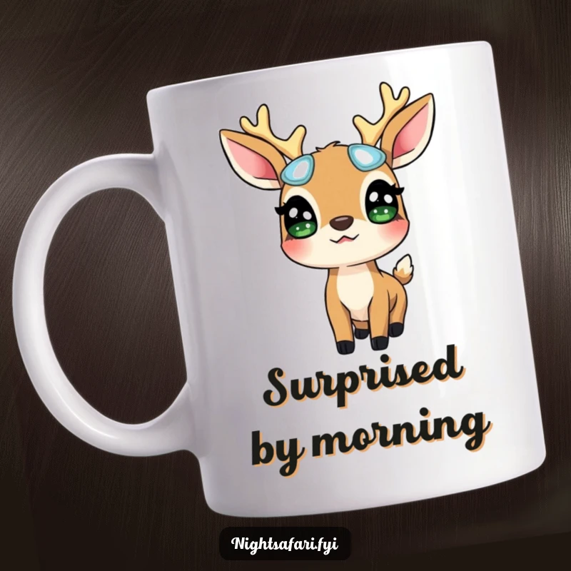 Funny Deer Glowing Eyes Mug: A surprised deer wearing glowing eyes looks up in awe, capturing a magical forest moment, a perfect funny gift.