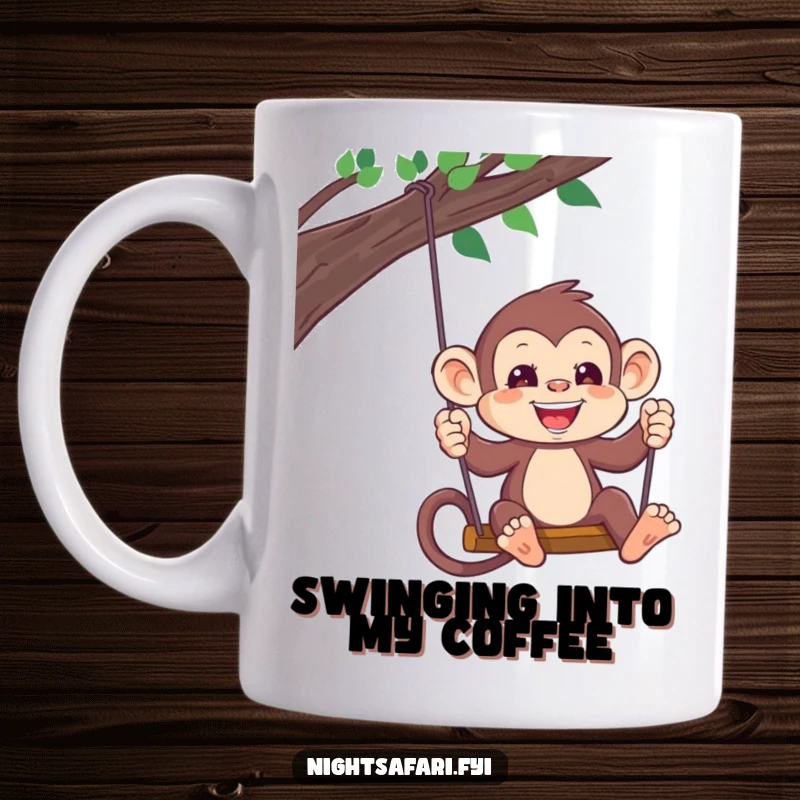 Funny Monkey Headlamp Mug: A playful monkey wearing a headlamp swings excitedly, ready for adventure, a perfect funny gift.