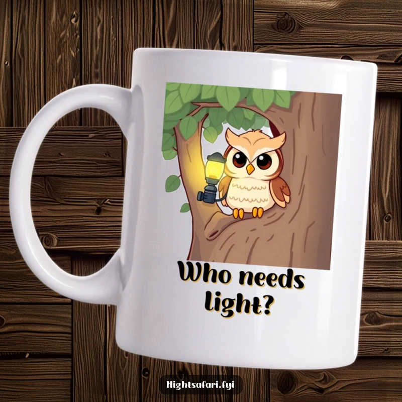 Funny cute owl wearing a tiny headlamp, peeking curiously from a tree, offering a quirky and humorous vibe.