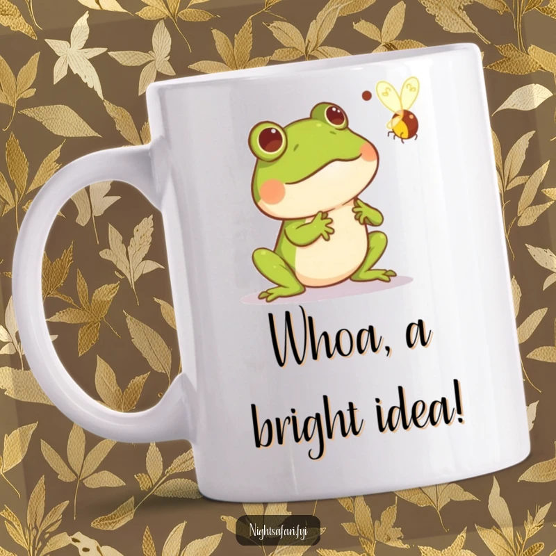 Funny mug featuring a startled frog mid-hop, eyes wide as a glowing firefly streaks past, showcasing a humorous moment of surprise.