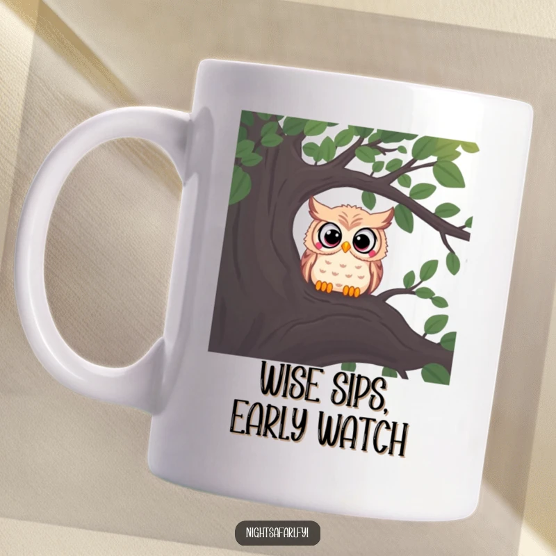 Funny owl mug with wide eyes, curiously peering from a shadowy tree branch, a nocturnal observer.