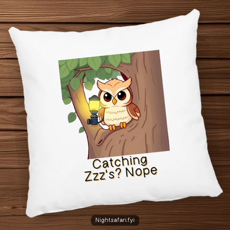 Funny owl pillow with a headlamp, perfect for adding a touch of curious and cozy night charm.