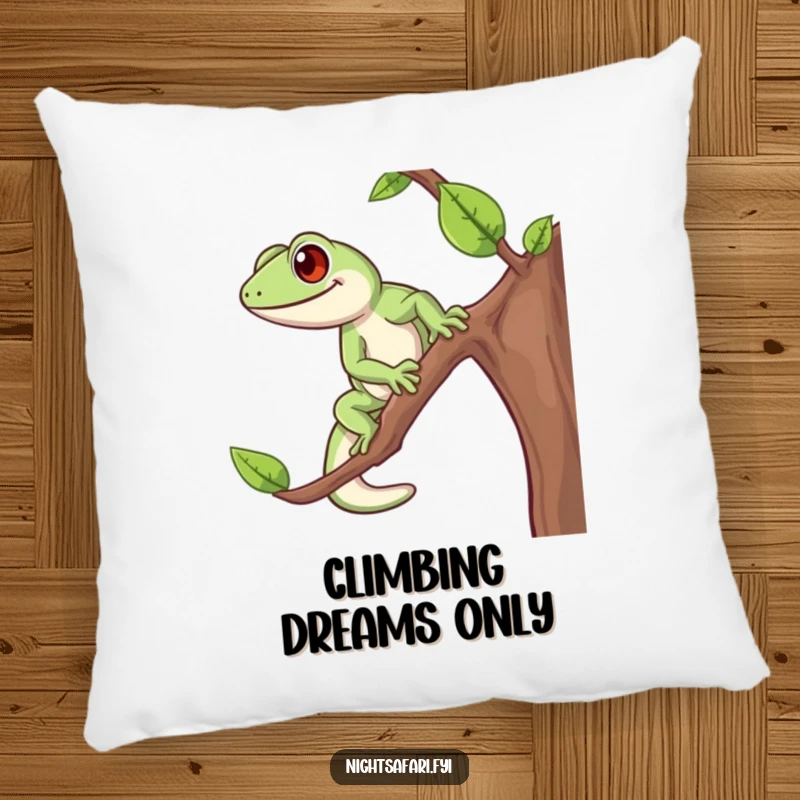 Funny Gecko Pillow featuring a happy, energetic gecko climbing with gusto, a comfortable and humorous decor piece.