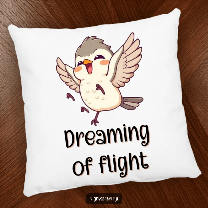 Funny pillow featuring a giggling nightjar character in delightful flight, offering comfort and a dose of humor.