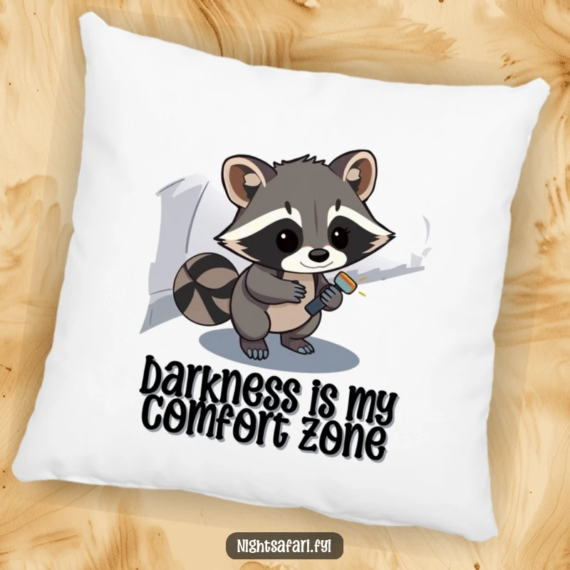 Funny Raccoon Pillow: A curious raccoon with a flashlight navigates a dark path, bringing comfort and humor.