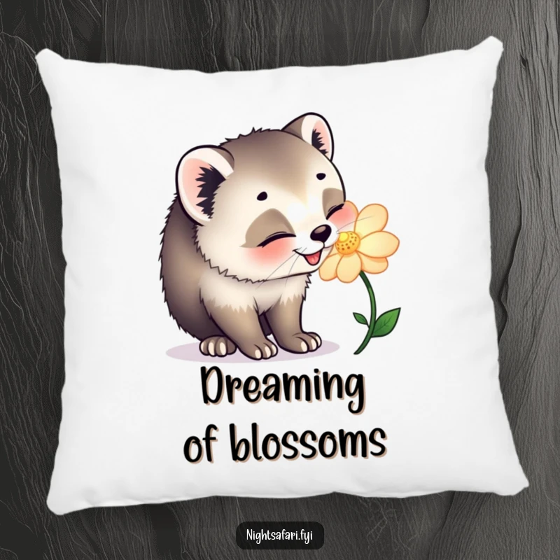 Funny throw pillow featuring a happy civet cat joyfully sniffing a glowing flower, offering cozy natural charm.