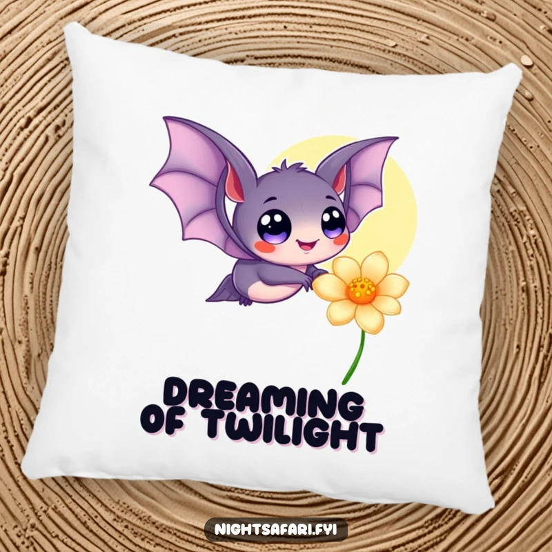 Funny pillow with a cute bat character sporting large, happy eyes, hovering near a softly glowing flower, adding whimsical comfort.
