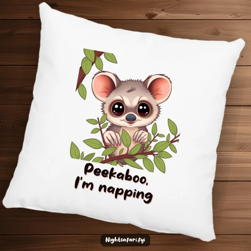 Funny Bushbaby Pillow: A curious bushbaby with big eyes peering from foliage, a soft and humorous decorative item.