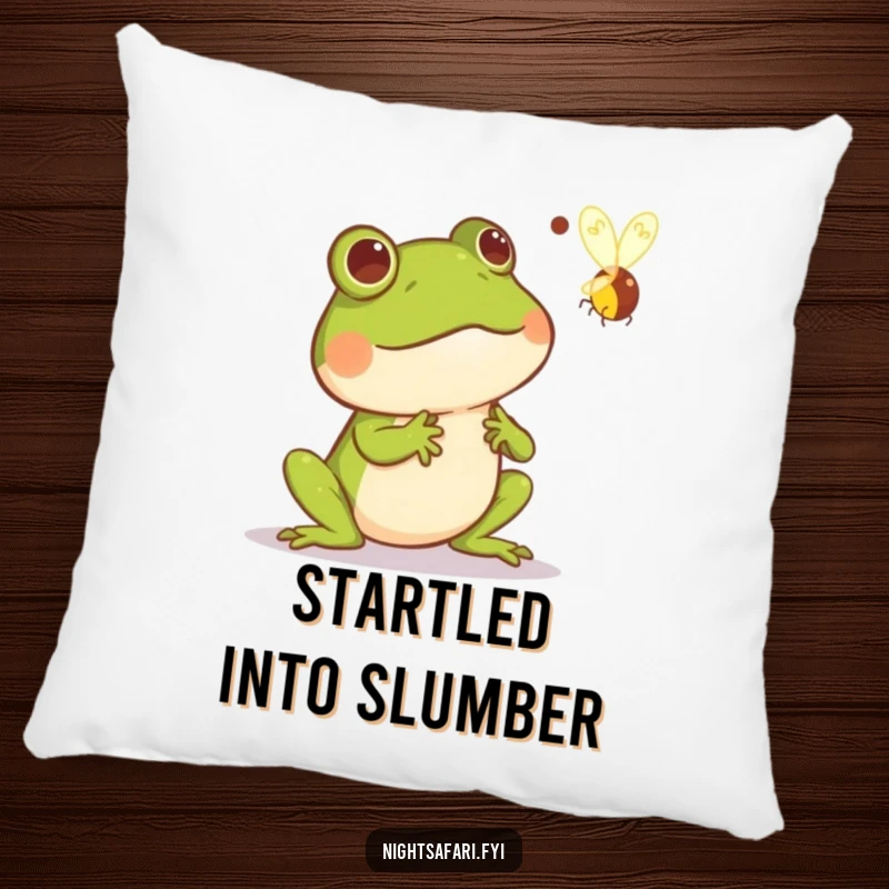 Funny pillow featuring a startled frog reacting comically to a zipping firefly, adding a touch of humor and comfort to any room.