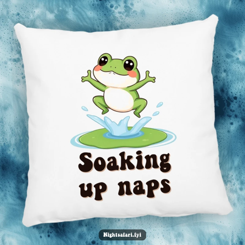 Funny decorative pillow featuring a giggling frog splashing onto a lily pad, adding comfort and humor to any space.