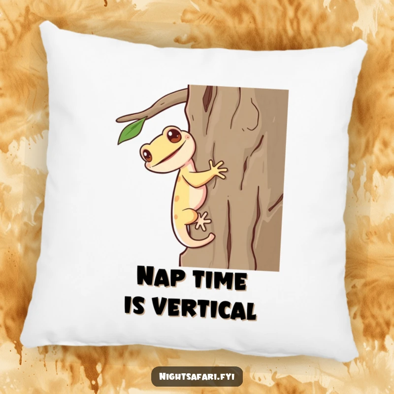 Funny Gecko Pillow: A giggling gecko with a long tail scurrying up bark, a soft and humorous decorative item.
