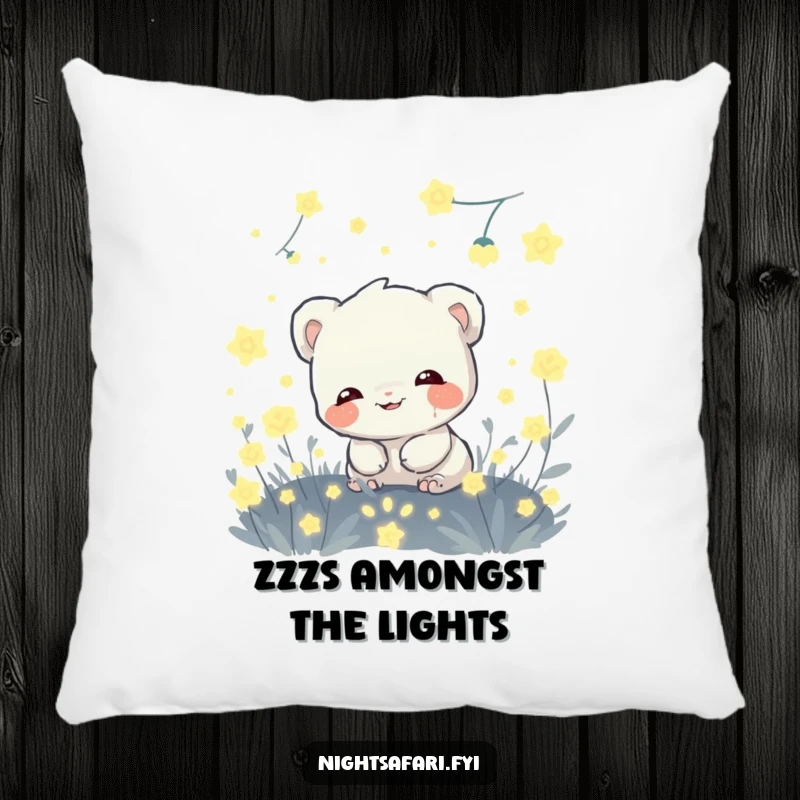 Funny accent pillow with a giggling shy creature hiding amongst glowing fireflies, adding comfort and magical humor.