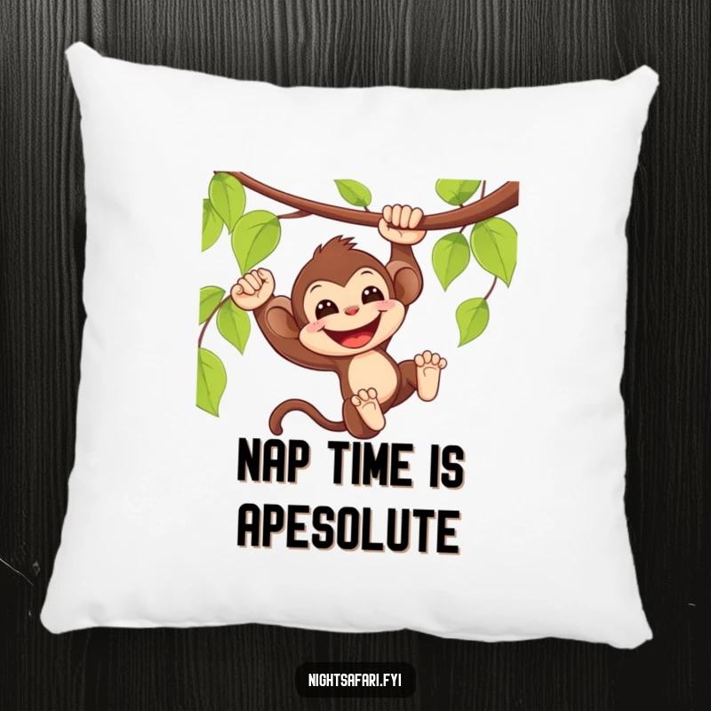 Funny Monkey Pillow: Delighted monkey swinging from a vine with a wide smile, soft and decorative.
