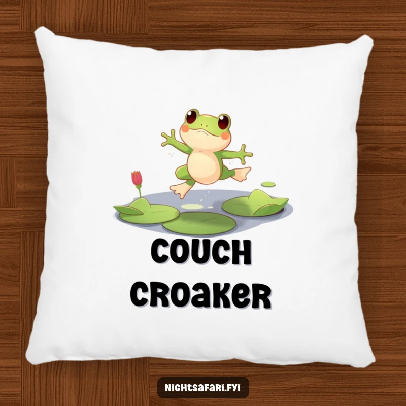 Funny pillow showing a playful frog character leaping over lily pads in dim light, offering plush comfort.