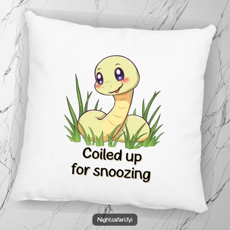 Funny pillow featuring a smiling snake with glowing eyes, peeking out from a grassy landscape.
