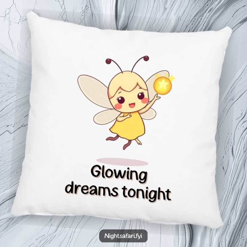 Funny Firefly Pillow: Playful firefly character dancing with a glowing orb, soft and decorative.