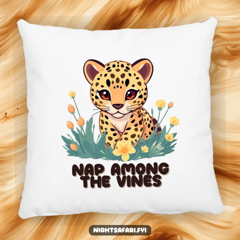 Funny Pillow: A soft pillow showing a gentle-eyed leopard playfully stalking through vivid, glowing flora, humorously cozy.
