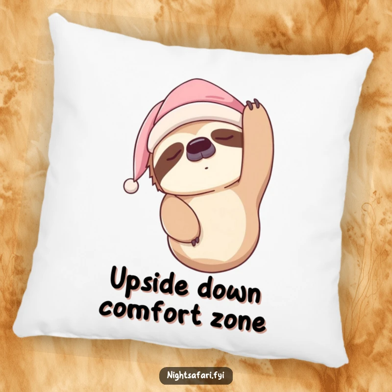 Funny Sloth Pillow featuring a sleepy sloth in a nightcap, hanging upside down, ideal for adding comfort and humor.