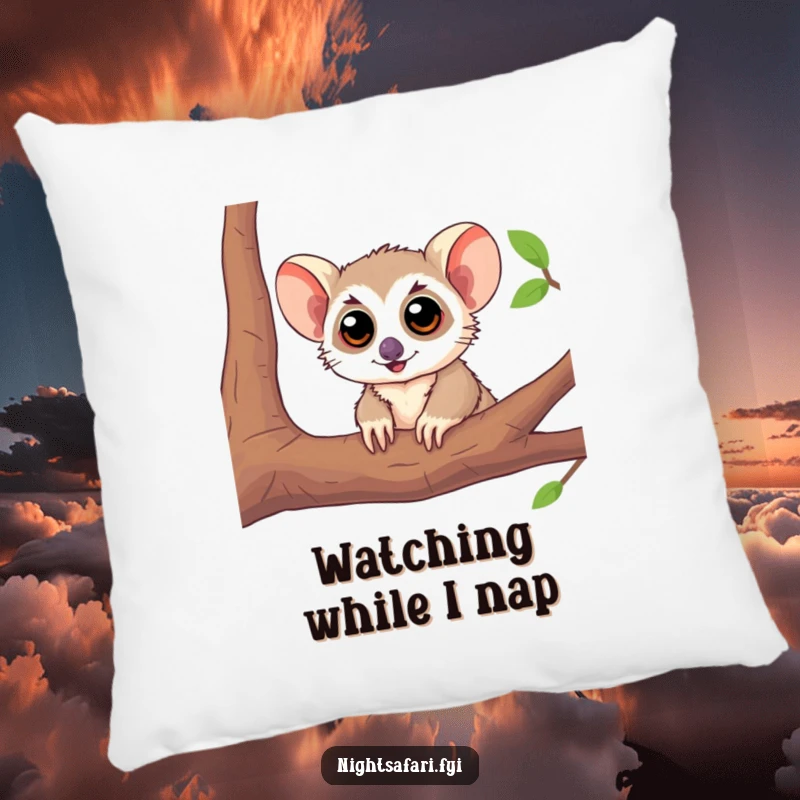 Funny Tarsier Pillow with a playful tarsier character with large eyes peeking from a branch, ideal for comfort and humor.