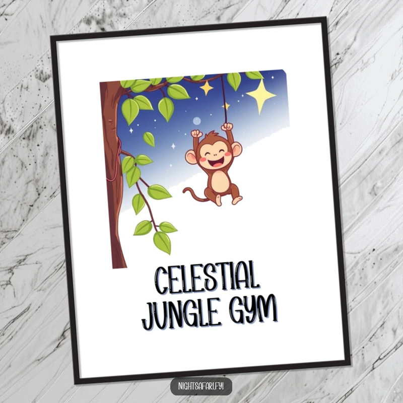 Funny digital art print of a playful monkey swinging gleefully from a vine under a starry sky.